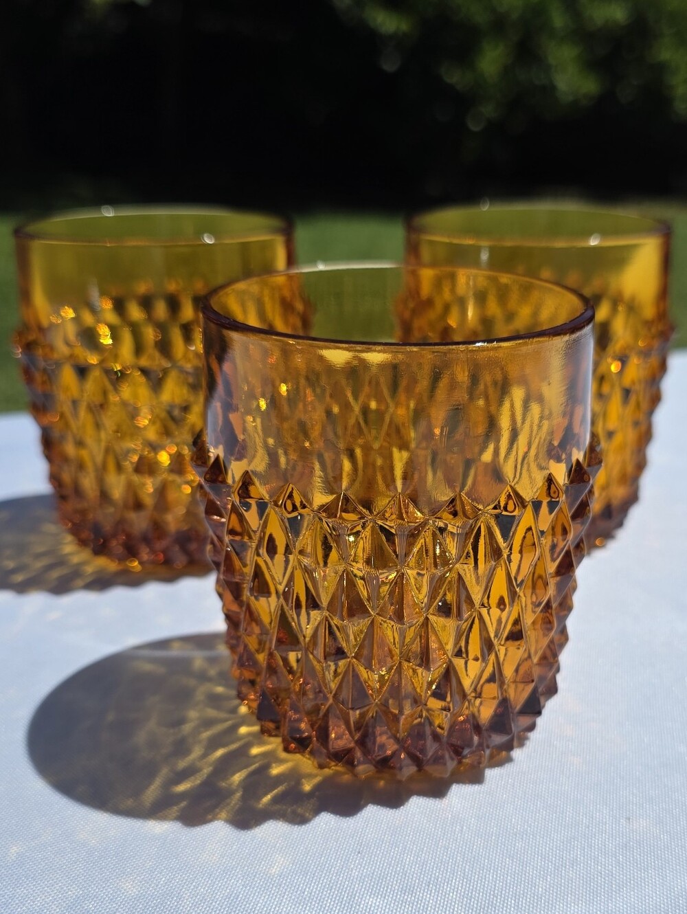 Amber Indiana Glass Diamond Point Flat Tumblers - MCM  3.5" Rock Glasses